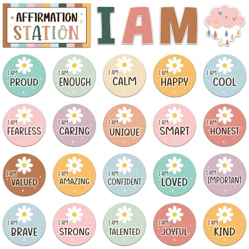 Frienda Boho Affirmation Station Bulletin Board Set Motivational Posters Classroom Mirror Growth Mindset Decor Positive Affirmations Accents Cutouts for School Office Home Teacher Wall Supply - Image 1