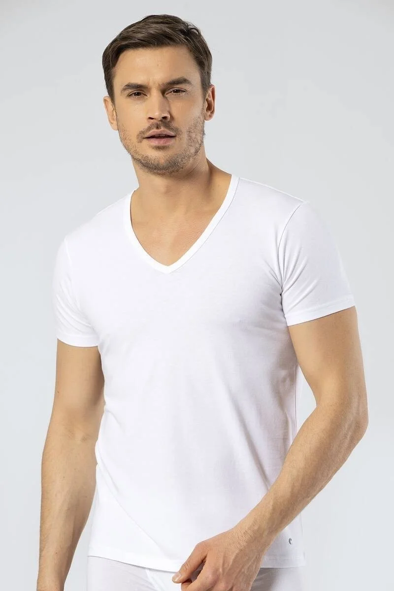 cacharel Men's Deep V Neck Lycra T-shirt White