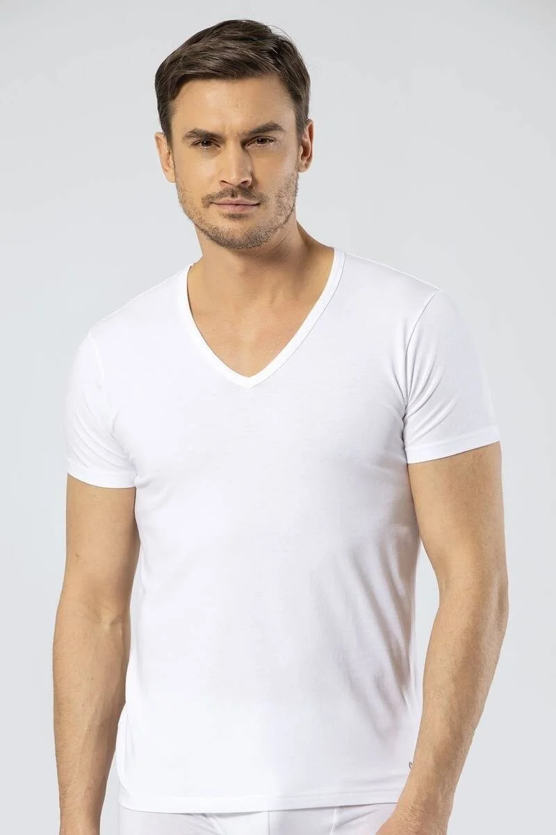 cacharel Men's Deep V Neck Lycra T-shirt White