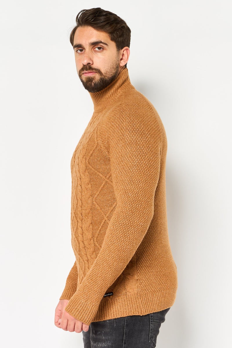Threadbare Men Mock Neck Crochet Sweater, Camel - Image 2