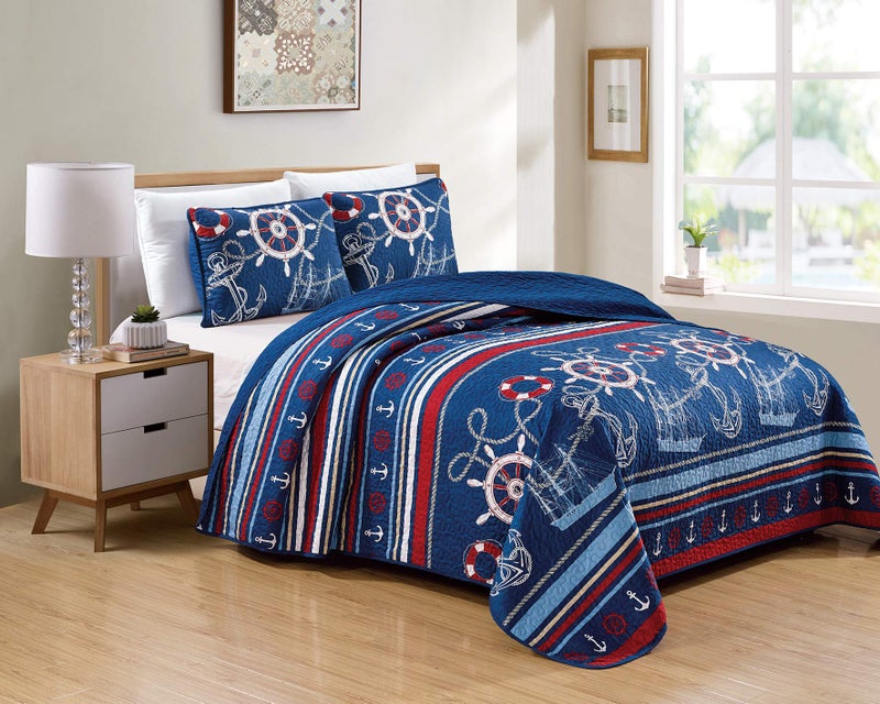 Kids Zone Home Linen Bedspread Set Navy Blue Red White Ships Rope Anchor Stripes New TwinTwin Extra Long