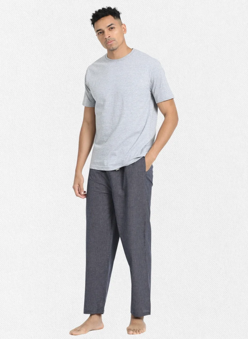 victor and jane Men's Cotton Pyjama Sets with Round Neck T-shirt in Grey and Woven long pants