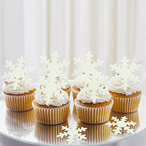 Ephlyn 50Pcs White Edible Snowflake Cupcake Toppers Snowflakes Cake Topper Decorations for Christmas Winter Holiday Frozen Theme Babyshower Birthday Wedding Party Supplies - Image 4