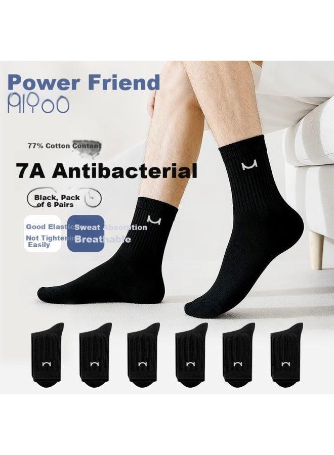 Miyou Men's Spring Cotton Socks 7a Antibacterial Mid-calf Sweat-absorbing Breathable Business Socks Black 6 Pairs - Image 1