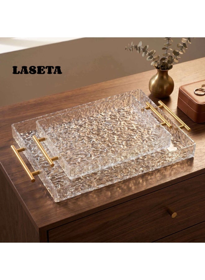 Laseta 2 PCS With Gold Polished Metal Handles wavy pattern Clear Acrylic Tray , Decorative Serving Tray for Coffee Table, Tea, Storage Rectangular - Image 2