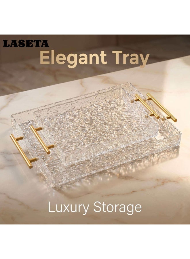 Laseta 2 PCS With Gold Polished Metal Handles wavy pattern Clear Acrylic Tray , Decorative Serving Tray for Coffee Table, Tea, Storage Rectangular - Image 1