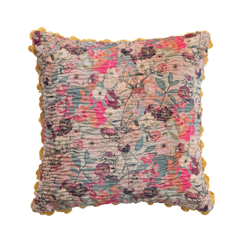 Creative Co-Op Velvet Printed Square Pillow with Kantha Stitch, Pom Poms & Chambray Back, Multicolor - Image 1