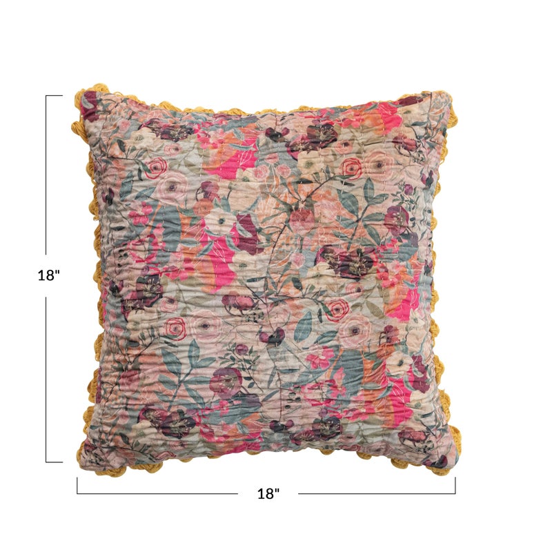 Creative Co-Op Velvet Printed Square Pillow with Kantha Stitch, Pom Poms & Chambray Back, Multicolor - Image 2