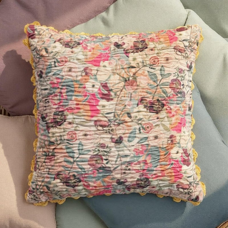 Creative Co-Op Velvet Printed Square Pillow with Kantha Stitch, Pom Poms & Chambray Back, Multicolor - Image 5