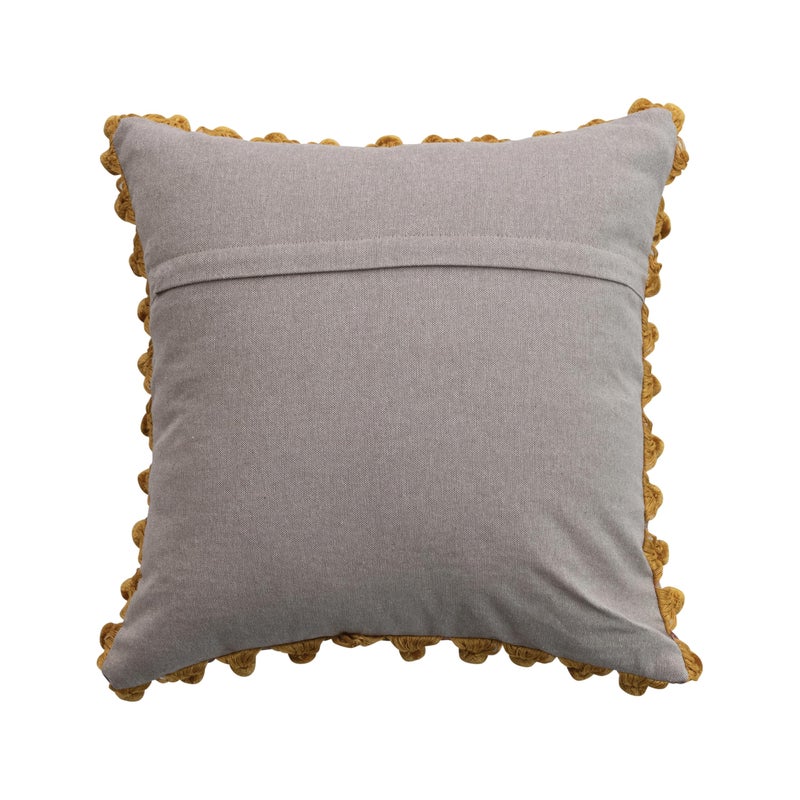 Creative Co-Op Velvet Printed Square Pillow with Kantha Stitch, Pom Poms & Chambray Back, Multicolor - Image 3