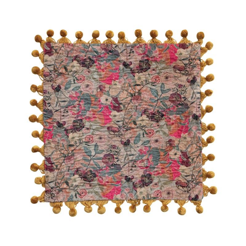 Creative Co-Op Velvet Printed Square Pillow with Kantha Stitch, Pom Poms & Chambray Back, Multicolor - Image 4
