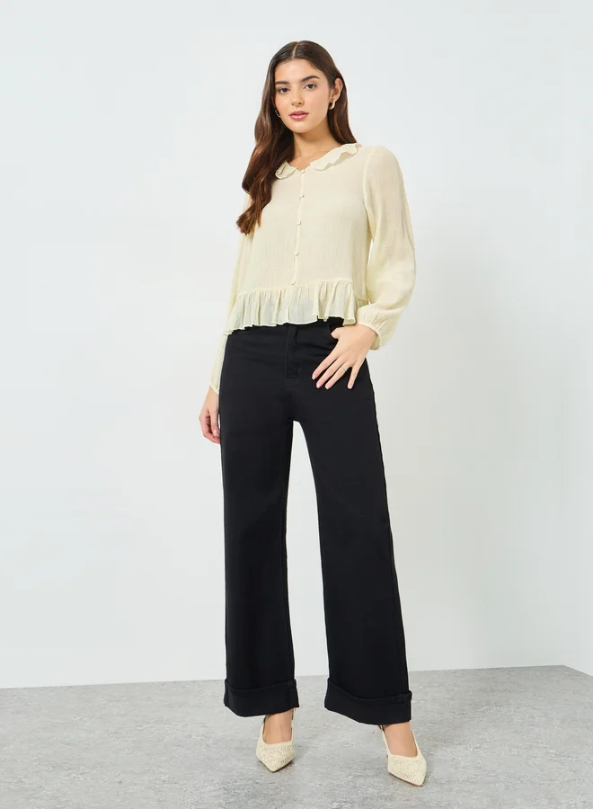 تايك تو بلوزة بارزة الملمس بأزرار وحافة مكشكشة