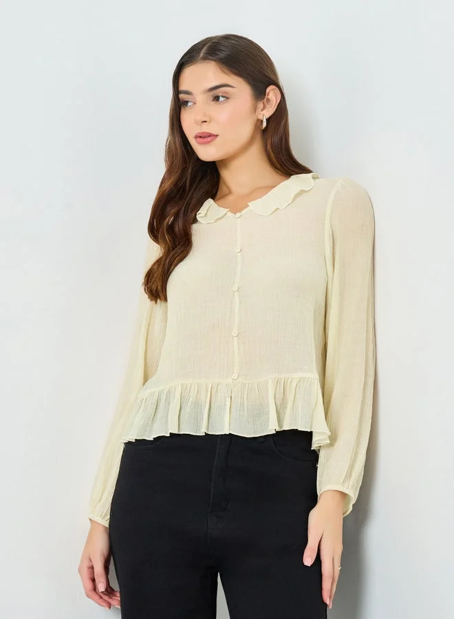 تايك تو بلوزة بارزة الملمس بأزرار وحافة مكشكشة