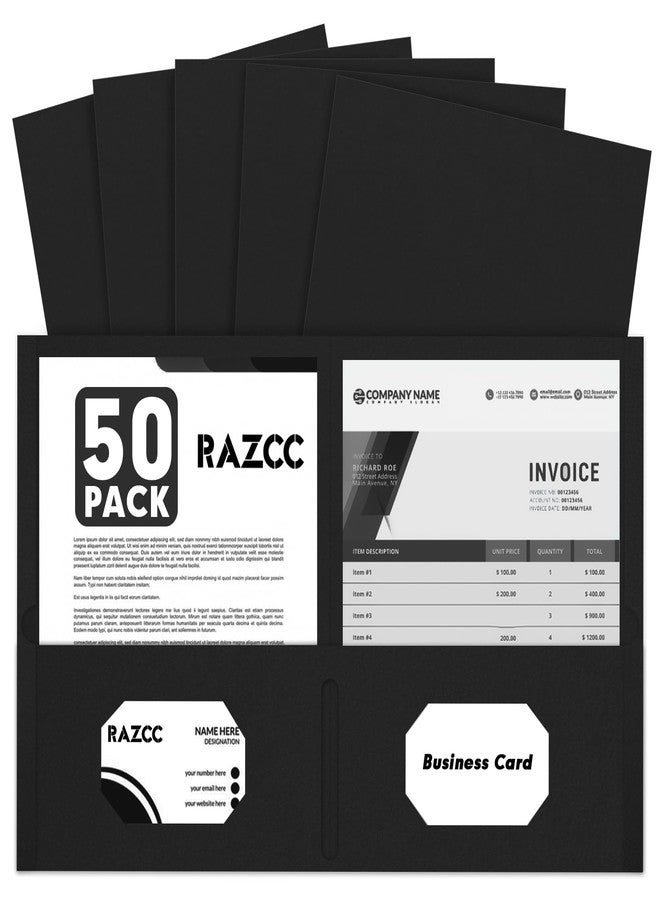 RAZCC Two Pocket Folders, RAZCC 50 Pack 2 Pocket Folders Fit Letter Size Paper, Paper Folders with Pockets for School Office Business Home, Black - Image 1