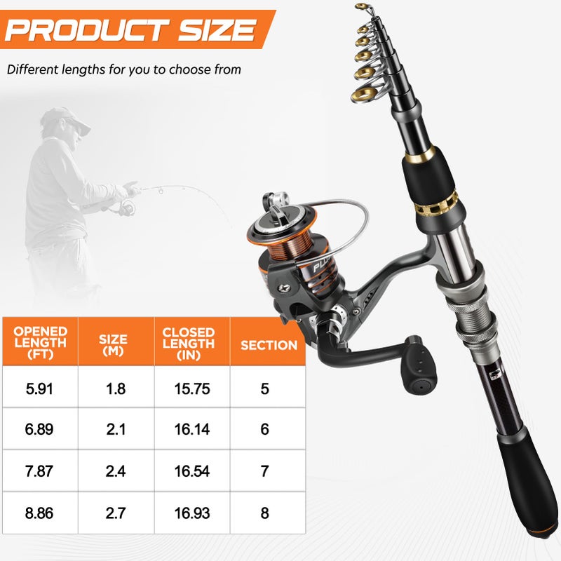 PLUSINNO Fishing Rod, Telescopic Fishing Rod and Reel Combo, Collapsible Travel Fishing Pole Rod Starter Kit, Carbon Fiber Fishing Rods and 12 +1 Bearings Steel, Fishing Gear Gifts for Men Adults - Image 2