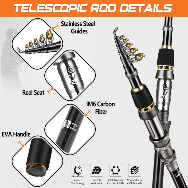 PLUSINNO Fishing Rod, Telescopic Fishing Rod and Reel Combo, Collapsible Travel Fishing Pole Rod Starter Kit, Carbon Fiber Fishing Rods and 12 +1 Bearings Steel, Fishing Gear Gifts for Men Adults - Image 3