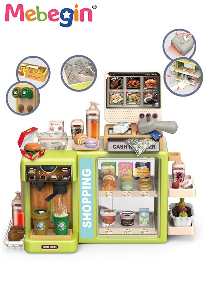 MEBEGIN Fun Supermarket Toy Set with Coffee Machine and Dessert Counter, Coffee Dessert Shops and Hamburger Shops Playset with Touchscreen Ordering Function, Creative Play House Toys, Educational Gift for Kids, Ideal Gift for Kids Aged 3+ - Image 1