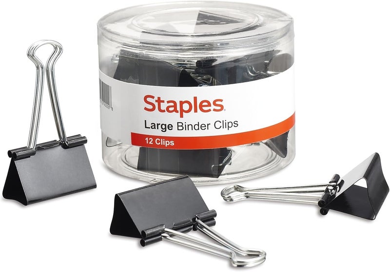 Staples Large Binder Clips 1inch Capacity Black 12 ClipsPack 10669CC - Image 1