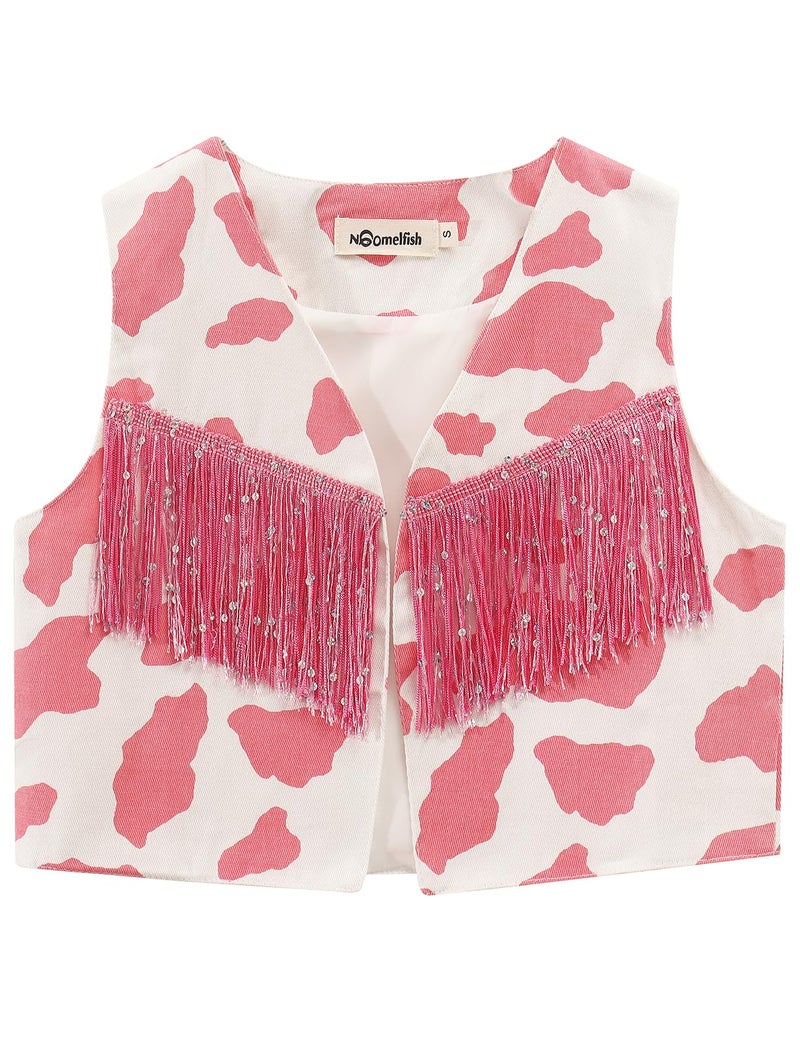 Noomelfish Girls Cow Print Sequin Fringe Vest Kids Sleeveless Tassels Rodeo Western Cowgirl Outfit, Pink White Cow/Pink Fringe, Size 9-10 Years - Image 1