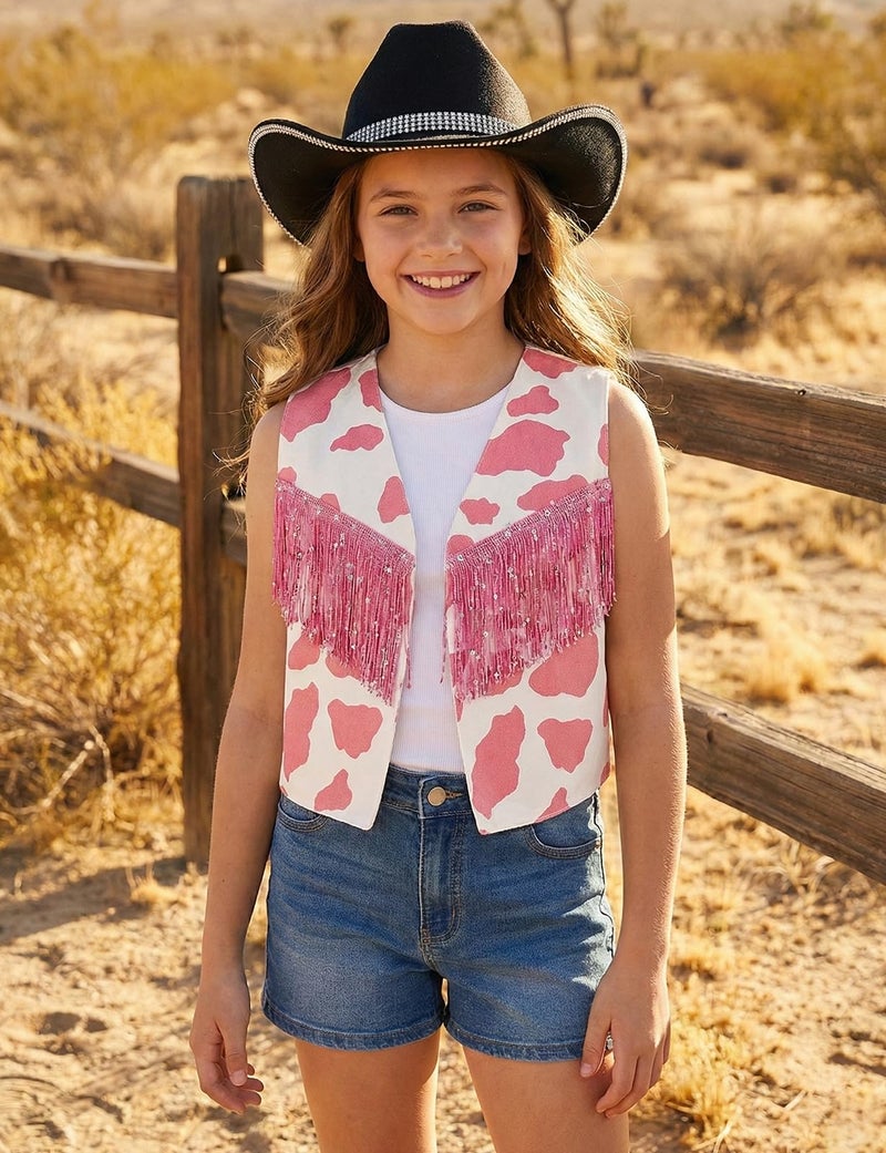 Noomelfish Girls Cow Print Sequin Fringe Vest Kids Sleeveless Tassels Rodeo Western Cowgirl Outfit, Pink White Cow/Pink Fringe, Size 9-10 Years - Image 2