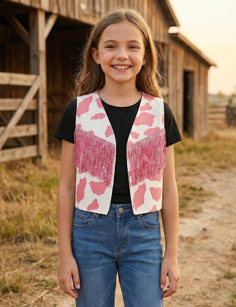 Noomelfish Girls Cow Print Sequin Fringe Vest Kids Sleeveless Tassels Rodeo Western Cowgirl Outfit, Pink White Cow/Pink Fringe, Size 9-10 Years - Image 3