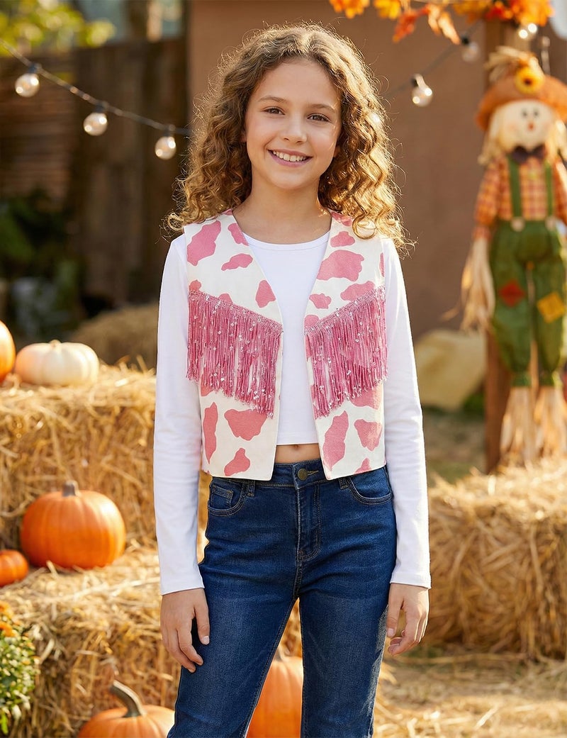 Noomelfish Girls Cow Print Sequin Fringe Vest Kids Sleeveless Tassels Rodeo Western Cowgirl Outfit, Pink White Cow/Pink Fringe, Size 9-10 Years - Image 5