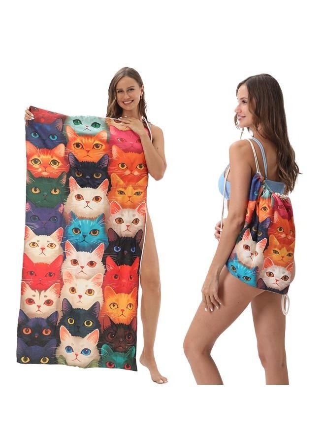 Cat pattern Microfiber Beach Towel,Beach Towel Bag, 63''x31'' Large Towels, Lightweight Compact Quick Dry Absorbent Pool Towel for Bath,Camping,Swimming,Travel Accessories,Compact Towels for Swimming Pool