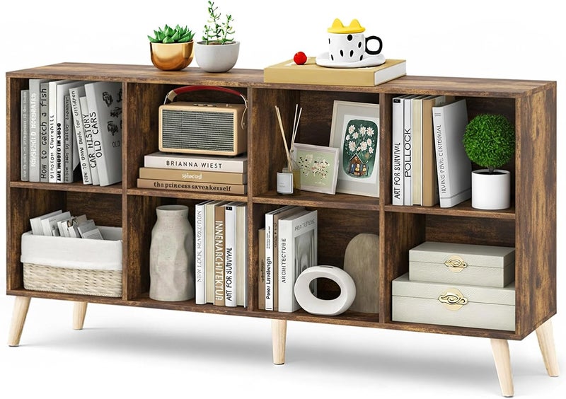 Bentifar 8-Cube Bookshelf Organizer – White Bookcase Storage Cabinet with Wooden Legs for Living Room, Bedroom, Office – Modern Display Shelf for Books, Toys & Decor (Rustic Brown) - Image 1