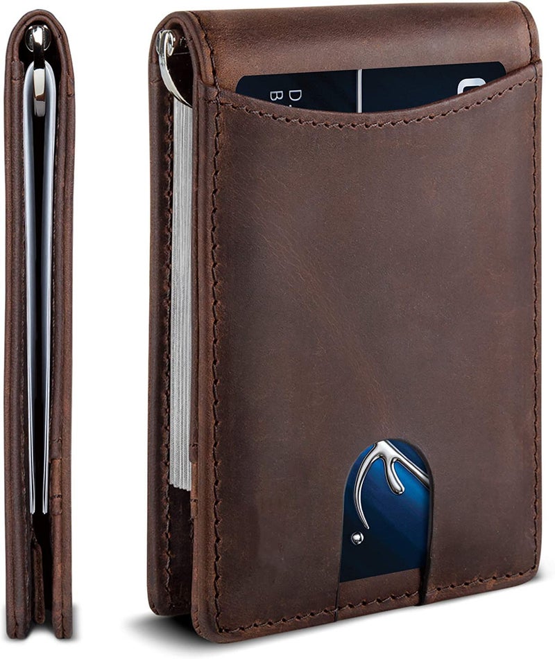 Contacts Genuine Leather Money Clip Wallet Slim Front Pocket RFID Blocking Card Holder Minimalist Mini Bifold for Men's with Smart Pull Strap 8 Card Slots Photo ID (Brown) - Image 1