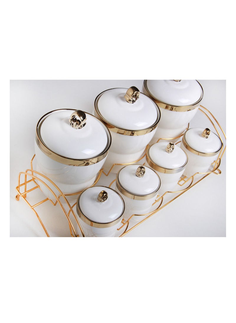 Generic - A set of spices and condiments storage jars with a stand and a modern design, 8 pieces, white/gold - Image 1