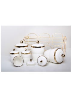 A set of spices and condiments storage jars with a stand and a modern design, 8 pieces, white/gold