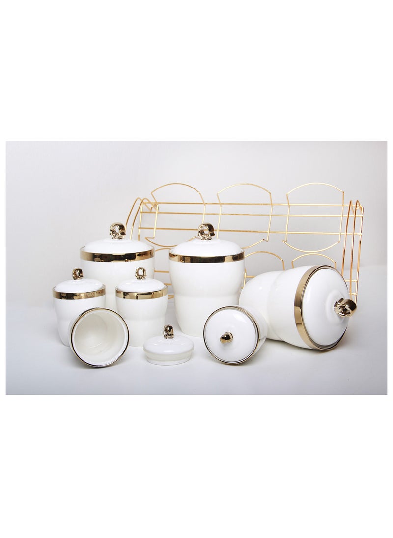 Generic - A set of spices and condiments storage jars with a stand and a modern design, 8 pieces, white/gold - Image 1