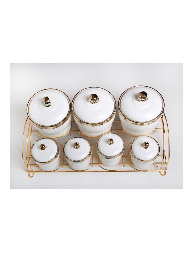 Generic - A set of spices and condiments storage jars with a stand and a modern design, 8 pieces, white/gold - Image 1