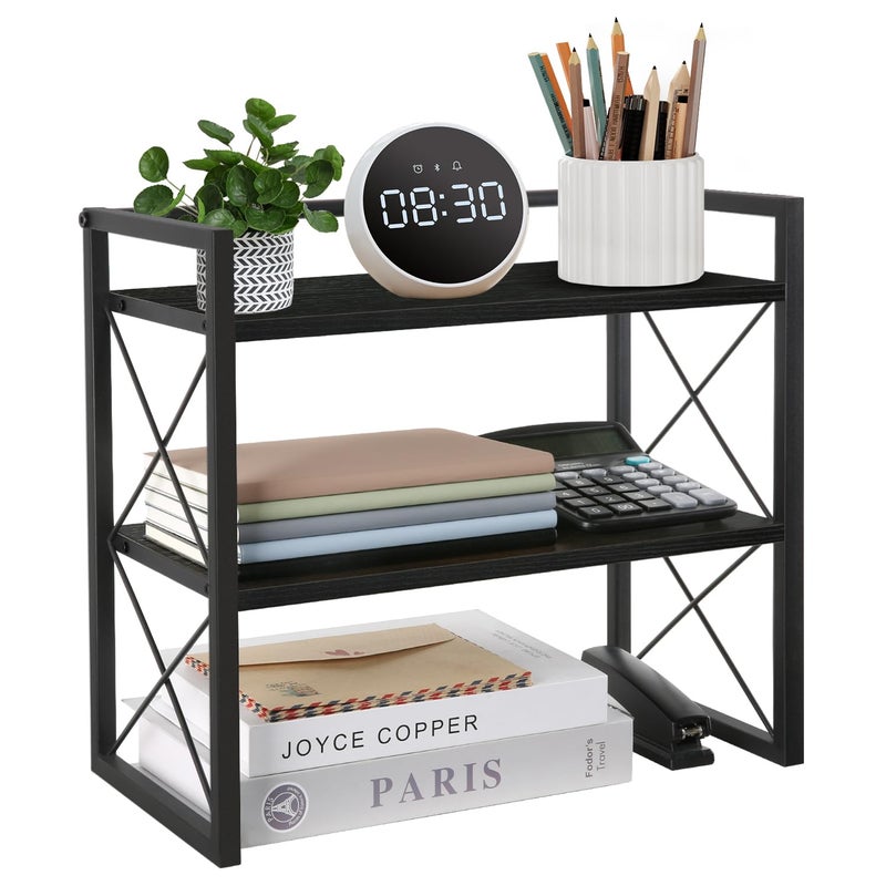YINMIT Desktop Shelf Organizer, 2 Tier Office Shelves, Wood Desk Organizer Storage Rack and Freestanding Display Shelf for Office, Dormitory, Home(Black) - Image 1