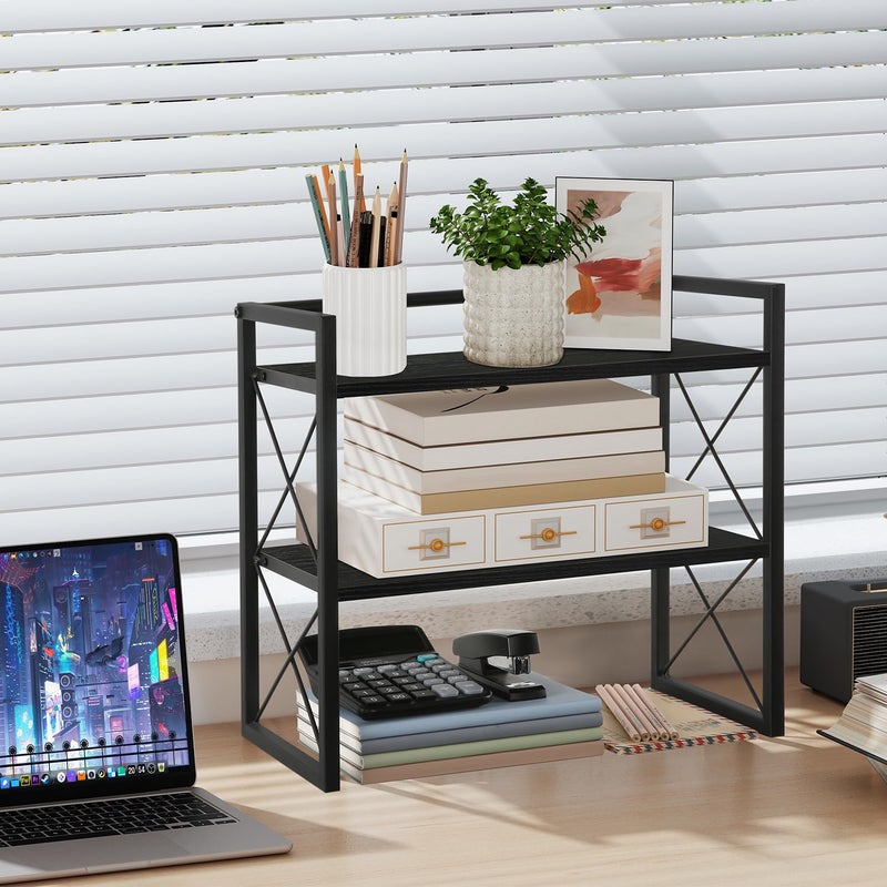 YINMIT Desktop Shelf Organizer, 2 Tier Office Shelves, Wood Desk Organizer Storage Rack and Freestanding Display Shelf for Office, Dormitory, Home(Black) - Image 2