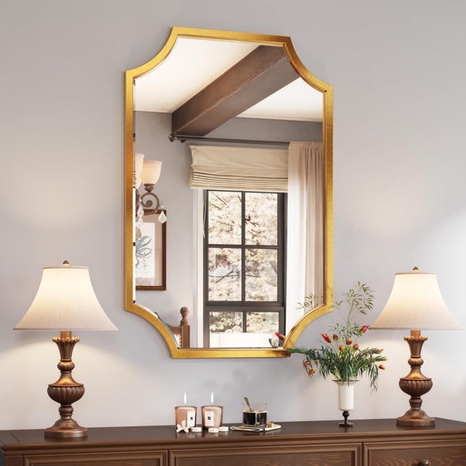 24X36 GOLD MIRROR FOR WALL GOLD SCALLOPED MIRROR VANITY MIRROR DECORATIVE WALL MIRROR ART BEVELED FRAMED FOR MASTER BATH HALF BATH LIVING ROOM FIREPLACE MANTLE HALLYWAY ENTRYWAY