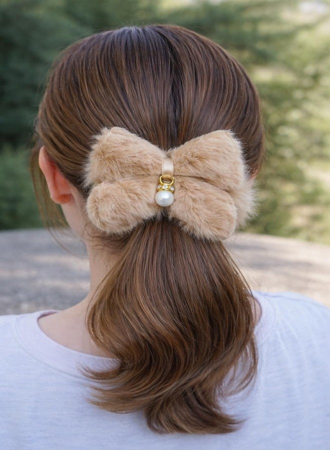 GLIMM Faux Fur Bow Hair Clip Combo for Women & Girls - Soft Plush Bow with Pearl Charm | Elegant Hair Accessories for Ponytail & Bun (Pack of 2) - Image 3