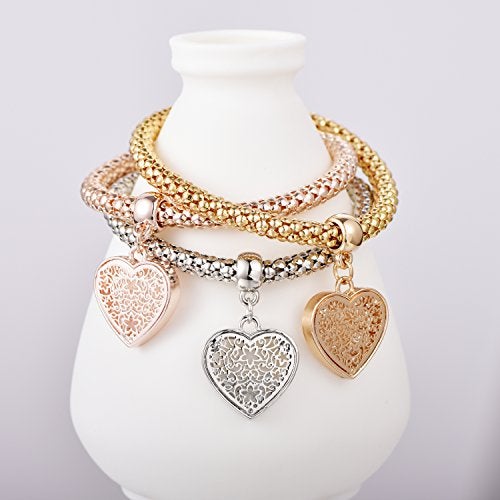 SILANER Crystal Charms Multilayer Bracelets - 3PCS Gold/Silver/Rose Gold Corn Chain Bracelet for Women, Tree of Life Heart Shaped Stretch Bracelet (Heart Charm Bracelets) - Image 5