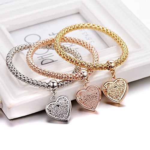 SILANER Crystal Charms Multilayer Bracelets - 3PCS Gold/Silver/Rose Gold Corn Chain Bracelet for Women, Tree of Life Heart Shaped Stretch Bracelet (Heart Charm Bracelets) - Image 4
