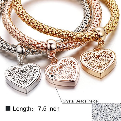 SILANER Crystal Charms Multilayer Bracelets - 3PCS Gold/Silver/Rose Gold Corn Chain Bracelet for Women, Tree of Life Heart Shaped Stretch Bracelet (Heart Charm Bracelets) - Image 2