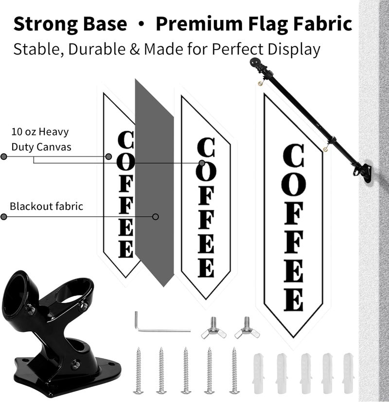 yeload Outdoor Coffee Flag with Pole Kit – 42x12 Inch Double-Sided Heavy-Duty Canvas Banner – Business Storefront Sign with Metal Bracket for Café, Shop, or Restaurant Use (White) - Image 2