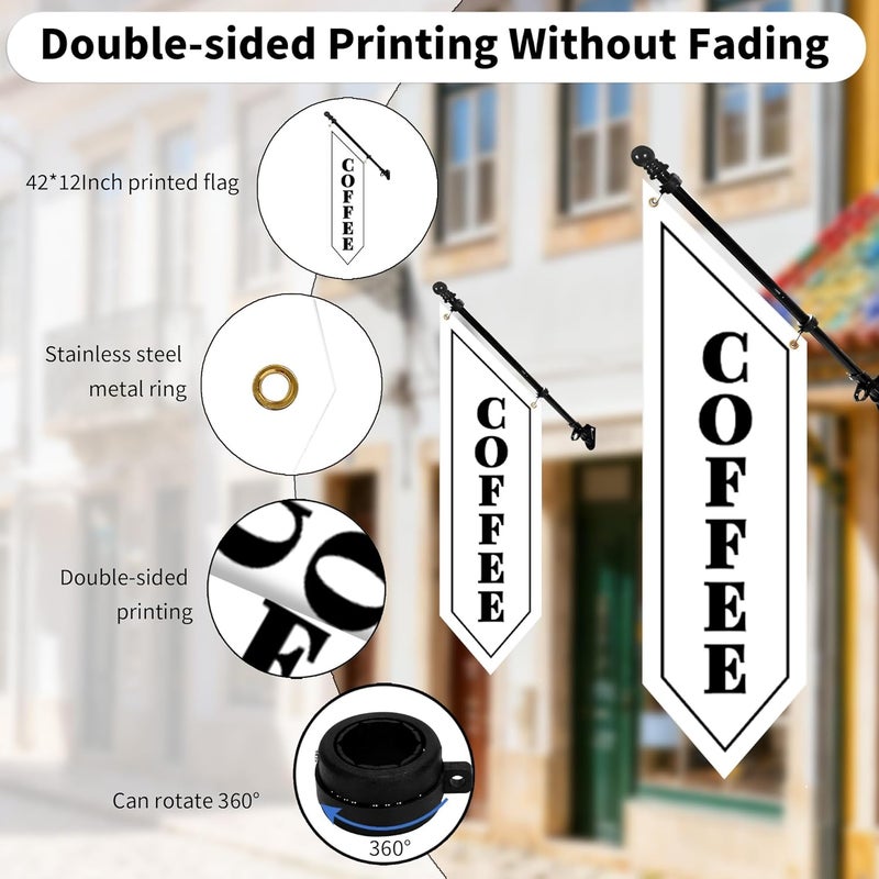 yeload Outdoor Coffee Flag with Pole Kit – 42x12 Inch Double-Sided Heavy-Duty Canvas Banner – Business Storefront Sign with Metal Bracket for Café, Shop, or Restaurant Use (White) - Image 3