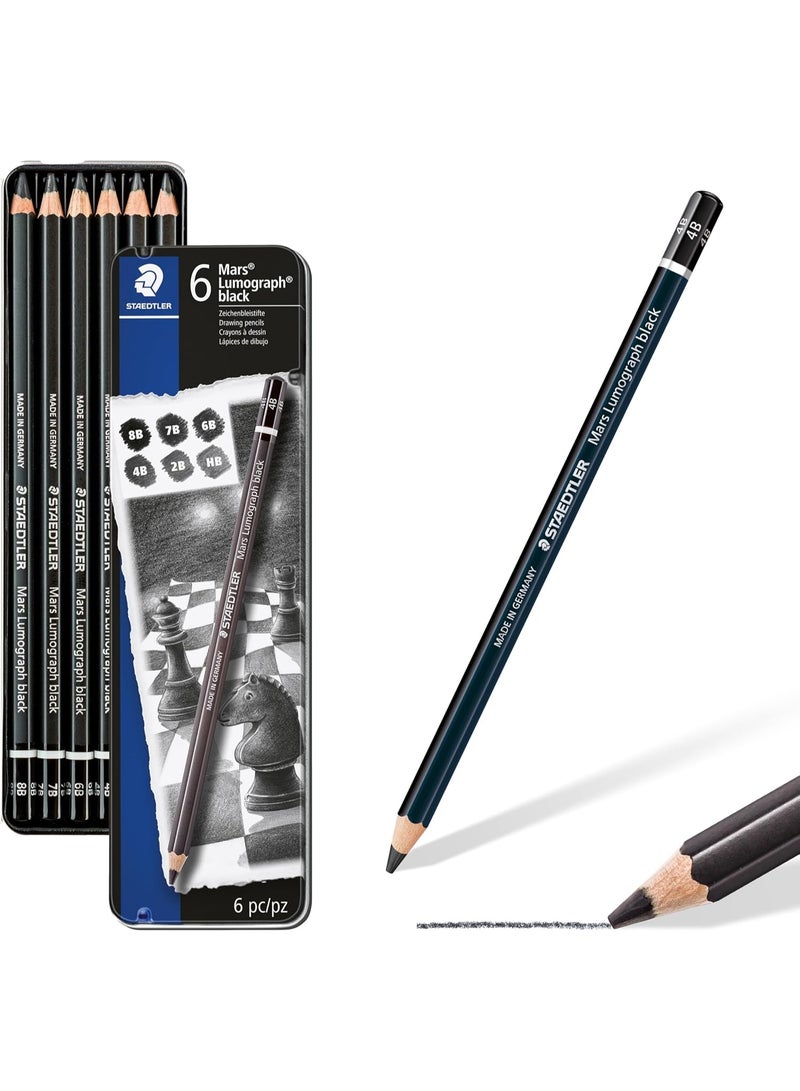 STAEDTLER ستيدلر مارس لوموغراف الأسود، مزيج الكربون يوفر خطوط سوداء داكنة، أقلام فنية احترافية، علبة من 6 أقلام رسم سوداء متنوعة، 100B G6 - Image 1