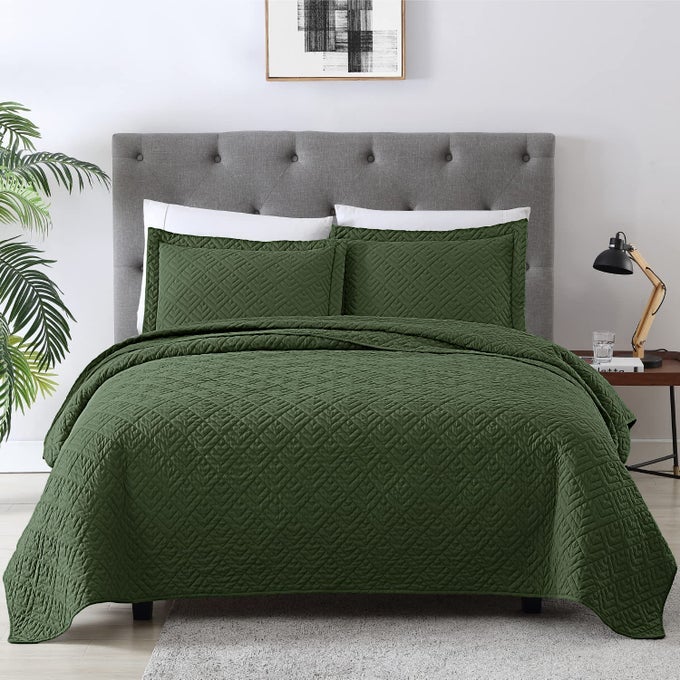 QUILT SET KING SIZE OLIVE GREEN 3 PIECELIGHTWEIGHT SOFT COVERLET MODERN STYLE SQUARES PATTERN BEDSPREAD SET1 QUILT2 PILLOW SHAMS