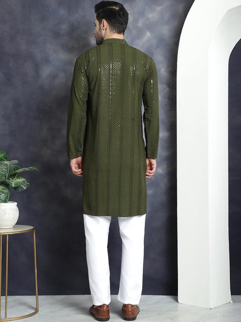 Jompers Men's Mehndi Sequins Chikankari Embroidered Kurta with Pyjama. (Mehndi, L) - Image 2
