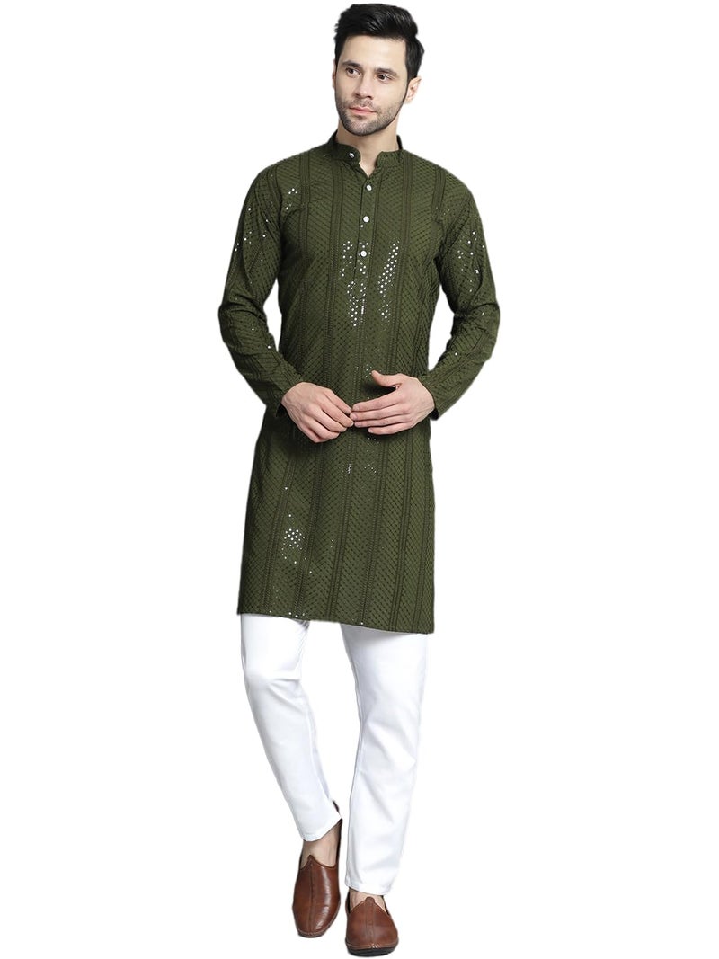 Jompers Men's Mehndi Sequins Chikankari Embroidered Kurta with Pyjama. (Mehndi, L) - Image 1