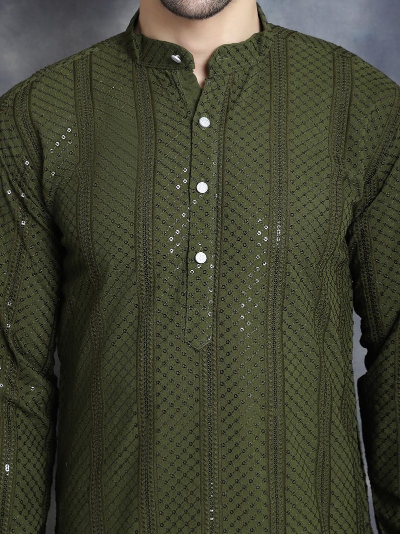 Jompers Men's Mehndi Sequins Chikankari Embroidered Kurta with Pyjama. (Mehndi, L) - Image 5