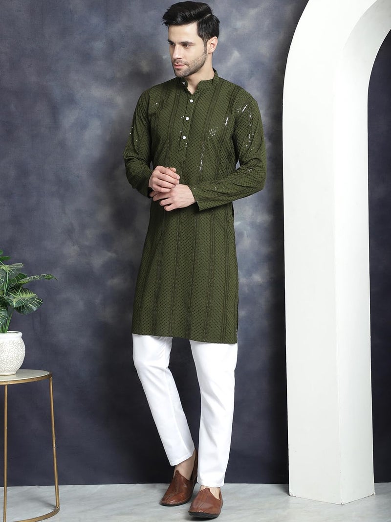 Jompers Men's Mehndi Sequins Chikankari Embroidered Kurta with Pyjama. (Mehndi, L) - Image 3