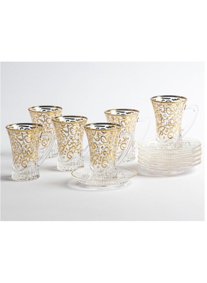 Borosilicate Glass Tea Cups and Saucers Set of 6 with Gold Arabic Letters | Clear Glass Tea Cup Set with Modern Design Suitable for All Occasions | Elegant Tea Cups - Image 1