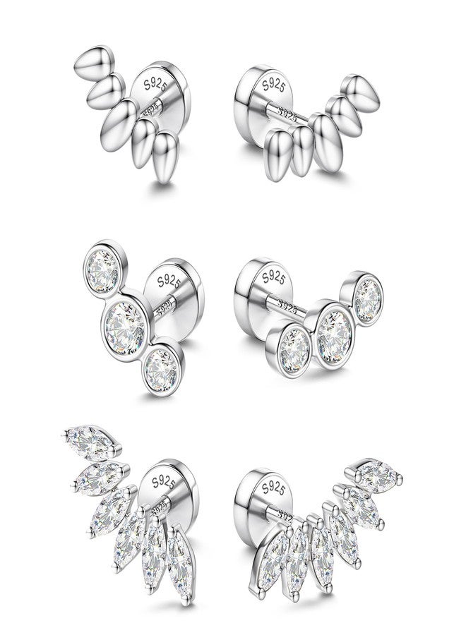 GEMQUEEN 14K Gold Plated Solid 925 Sterling Silver Post Flat Back Earrings Stud | Cartilage Helix Conch Tragus Piercing Jewelry 3 Pairs Tiny Screw Dainty CZ Opal Earring Set Men Women, Style E, Sterling Silver - Image 1